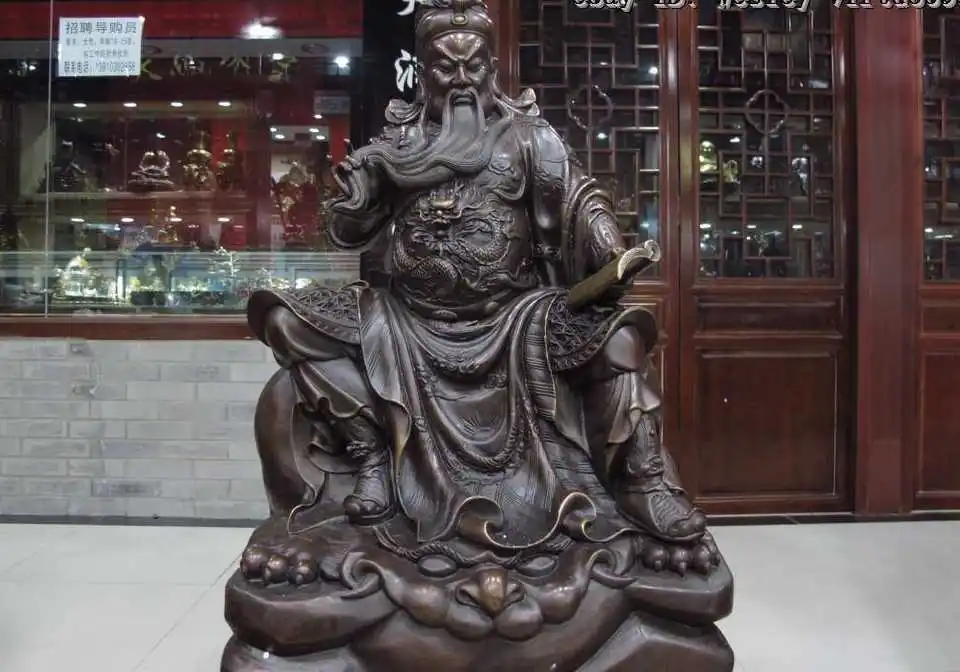 

19 Chinese pure red Bronze copper carved Dragon Tiger Guan gong ride book Statue