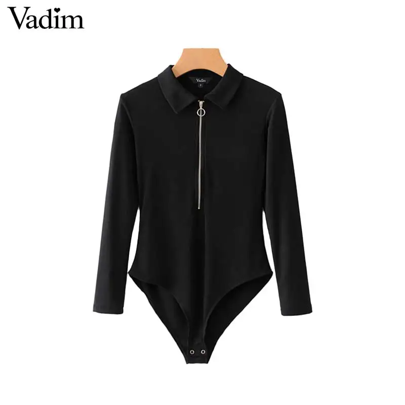 Vadim women casual bodysuits turn down collar long sleeve stretchy