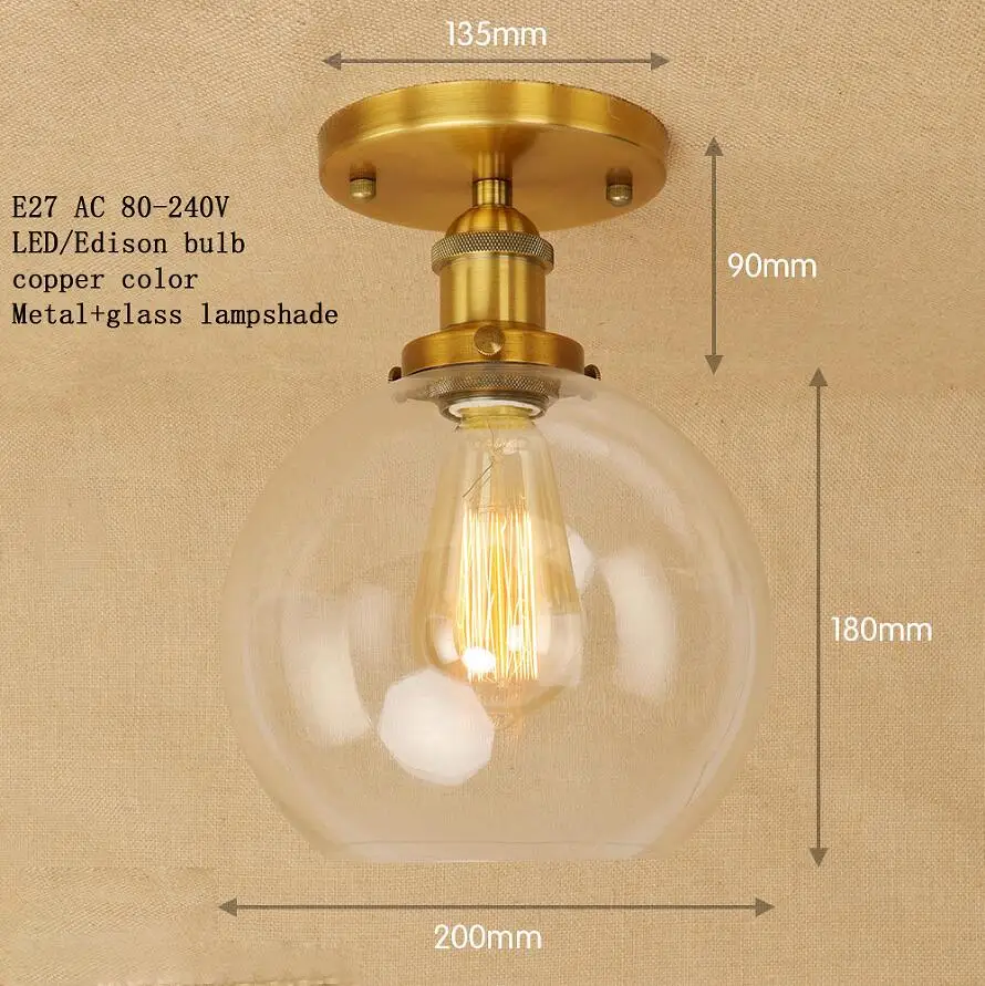 Лофт, винтажный Железный стеклянный абажур, потолочный светильник, светодиодный, E27, AC 110 В, 220 В, современные светильники, плафон, светильник для спальни, гостиной - Цвет корпуса: copper