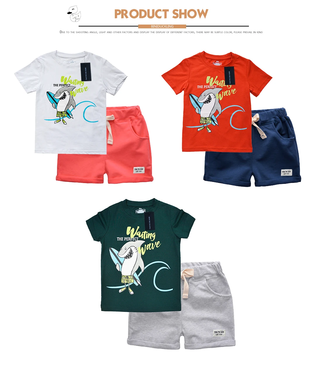 Estabelecidos para o para o Verão das Crianças Crianças dos Miúdos Roupa de Algodão de Manga Calções de Praia Binuduckling Meninos Roupas Verão das Curta T shirt Animal Print Roupas 6 verão crianças manga curta camiseta shorts praia