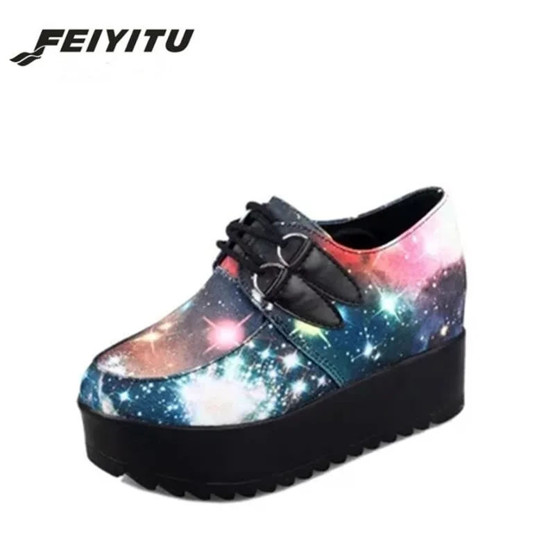 

FeiYiTu 2018 Spring Autumn Creepers Shoes Woman Lace Up Flats Shoes Creepers Platform Shoes Mixed Colors Size 35-39
