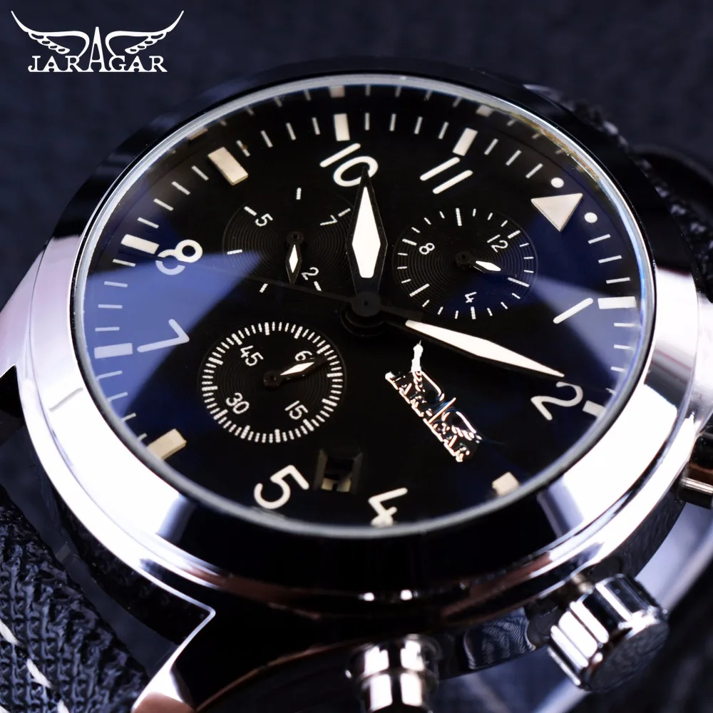 

Jaragar Navigator Fashion Series Calendar Display 3 dial 6 Hands Watches Genuine Leather Strap Men Luxury Brand Automatic Watch