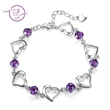 Романтические браслеты с сердечками для женщин, 925 пробы, серебряные ювелирные изделия, натуральный Фиолетовый аметист, свадебные, Обручальные, вечерние, подарок