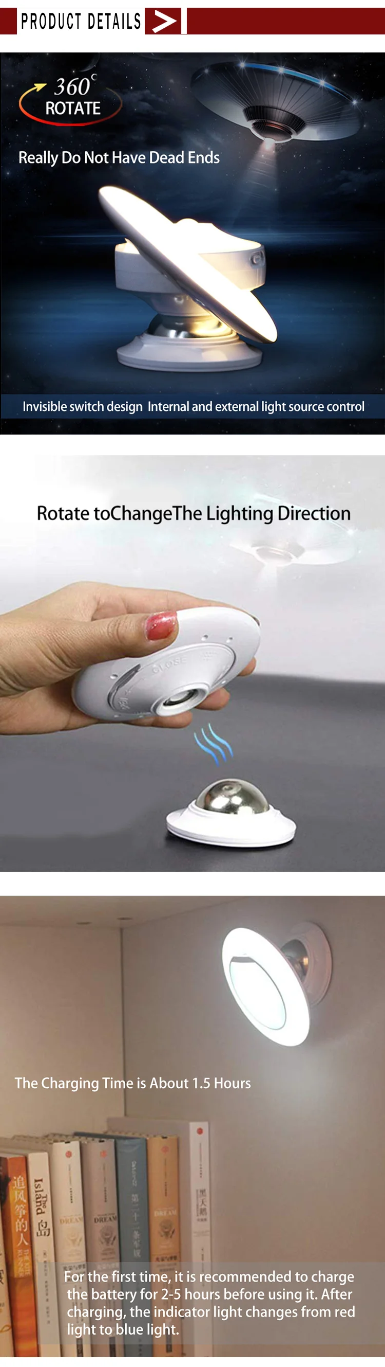 Ночник движения Сенсор светодиодный настенный светильник НЛО Shaped USB Перезаряжаемые шаг лампа с Съемная магнитный держатель и настенный держатель