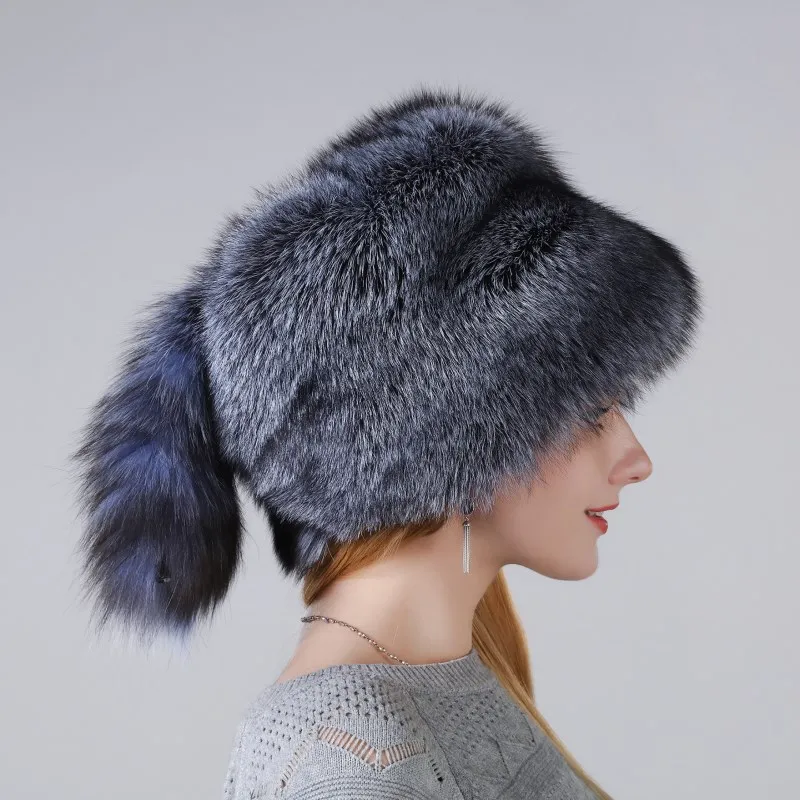 Хит, женская новая теплая зимняя шапка, шапка из натурального Лисьего меха с маленькими лисьими хвостами на верхней части, снегозащитная Толстая шапка для женщин