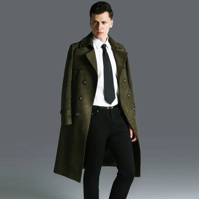 2018 Men's New Double Breasted jacket coats Suede Fabric Long Trench coat Men Plus Size Turn-down Collar Slim Outerwear S-6XL
