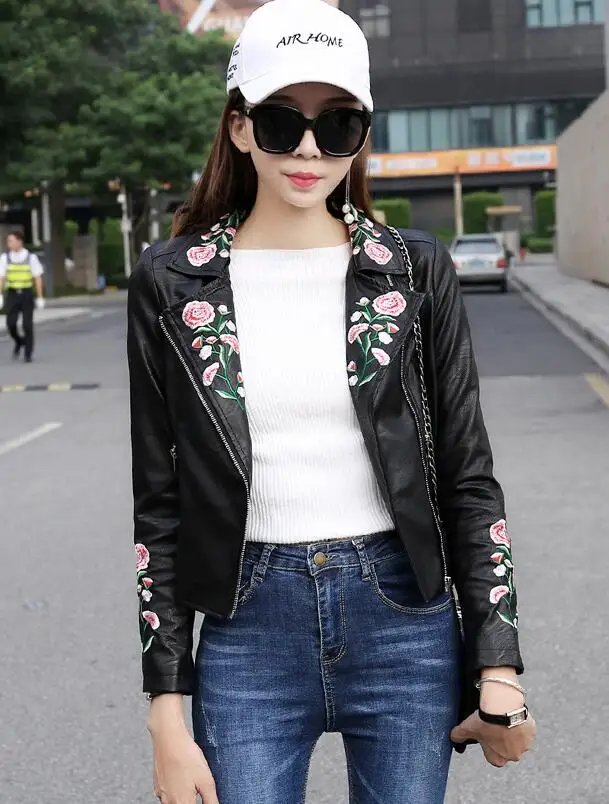 Pu Des Faux Cuir Courte 2018 Broderie Noir Moto Mince Veste Automne Femmes En Lavé Baseball IWqc4w1U