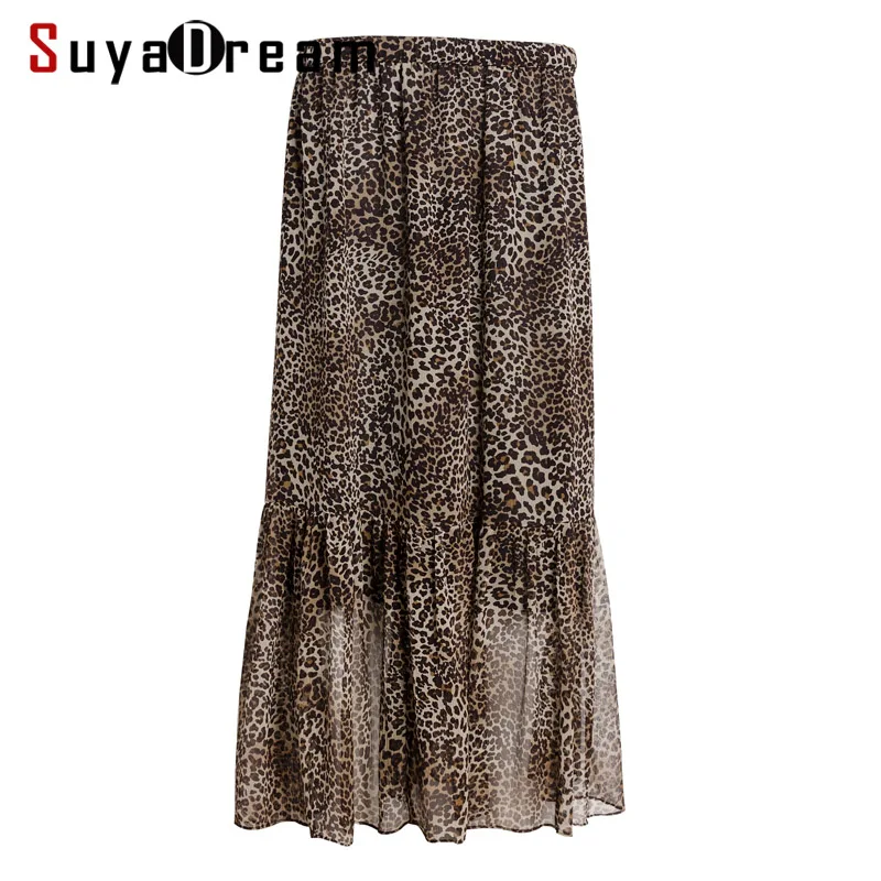 

Women Silk Skirt 100%Real Silk Crepe Leopard Printed A-Line Skirts OL Elastic Waist Mid-Calf Length Skirt 2019 Spring Summer New