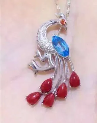 Naturel rouge corail pendentif naturel bleu topaze pendentif collier 925 en argent sterling élégant
