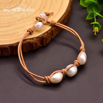 

GLSEEVO Natural Baroque White Pearl Cowhide Rope Leather Bracelet For Women 8-9mm Wedding Engagement Gift Fine Jewelry GB0160