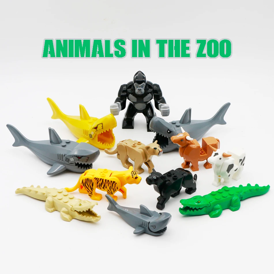 

2pcs Animal Model Building Blocks Shark Crocodile Tiger Monkey Zoo Jungle Friends Mini Figure Accessories Brick Toy Legoed City