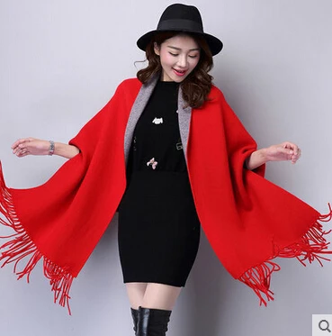 Новая мода осень зима женщин толстый двойной цвет кисточкой большой плащ кардиган шаль с бахромой плащ с длинными рукавами свитер пальто C0021 - Цвет: red
