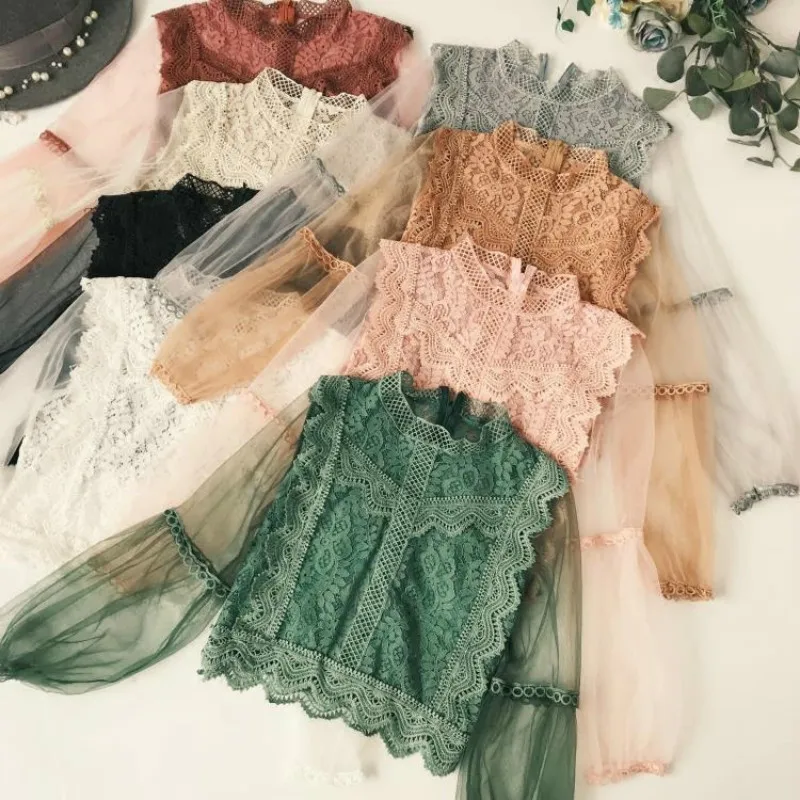

Ladies Sweet Mesh Lace Hook Flower Shirts Long Lantern Sleeve Retro Pullover Gauze Blouse Women Cute Voile Tops New Arrival