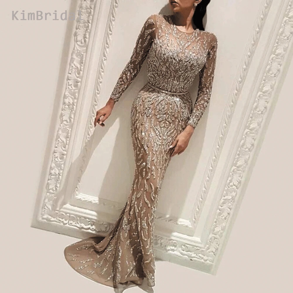 

Sliver Prom Dresses Sparkly Sequins Crew Neckline Long Sleeve Sparkly Mermaid Evening Dresses 2019