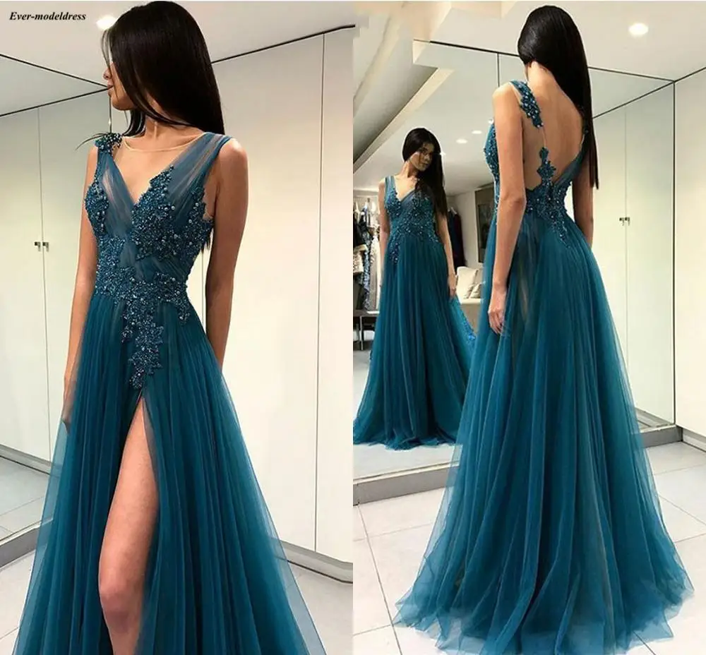 Vestidos de gala сексуальные тюлевые платья для выпускного вечера Длинные A-Line Аппликации блестками с боковыми разрезами специальные праздничные платья
