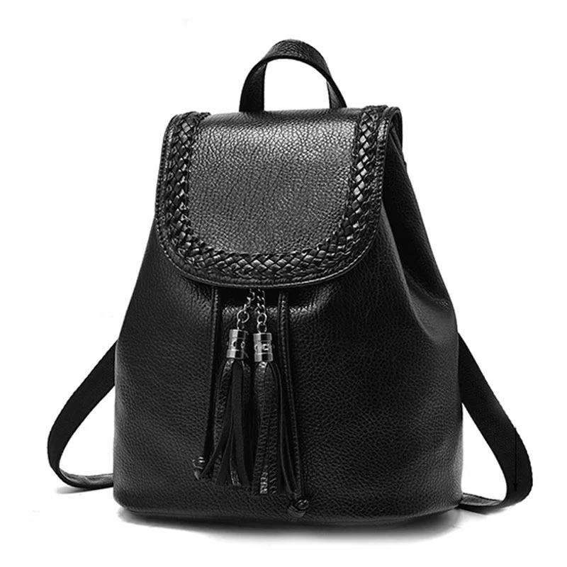 

Petrichor Brand Designer Tassel Backpack String Small Backpack Female PU Leather School Backpack Women Shoulder Bag Braid Black