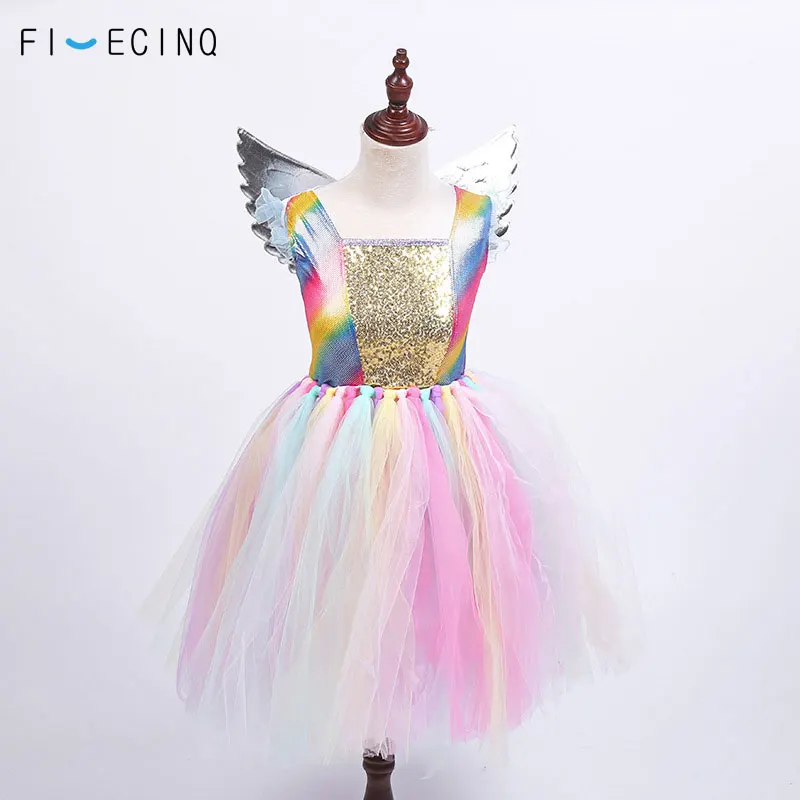 

Girls Unicorn Wing Cosplay Dress Princess Tutu Dresses Summer Festival Fancy Rainbow Outfit Kid Cute Performance Dance Costume