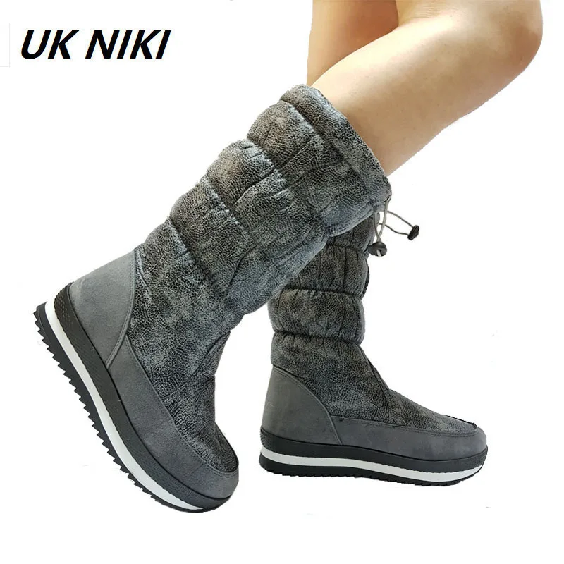 

UKNIKI Brand Winter Woman Snow Shoes Female Solid Basic Elastic Boots Flat with short plush mid-calf Boots B7039