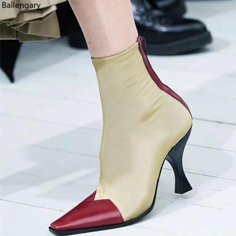 

New Arrival Curvy High Heels Stretch Fabric 2018 New Trends Sock Boots Satin and Leather Patckwork Cowboy Women Ankle Boots