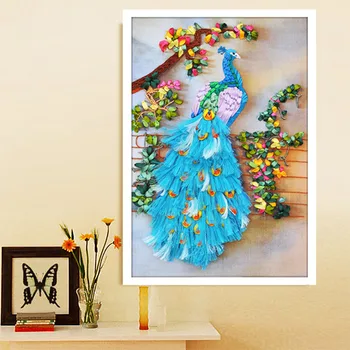 

New arrival needlework DIY 3d cross stitch kit Unfinished Ribbon embroidery painting flowers Blue Peacock stitching craft