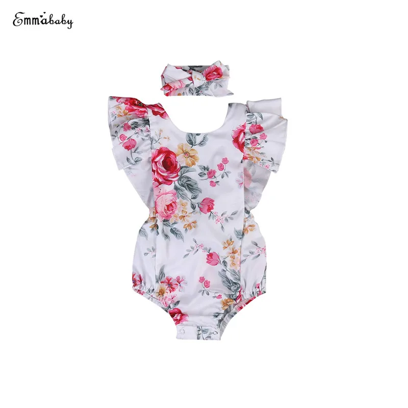 

0-18M Newborn Toddler Baby Girls Fashion Short Sleeve Belt Floral Print Bodysuits Playsuit Headband 2PCS Outfit Summer Party