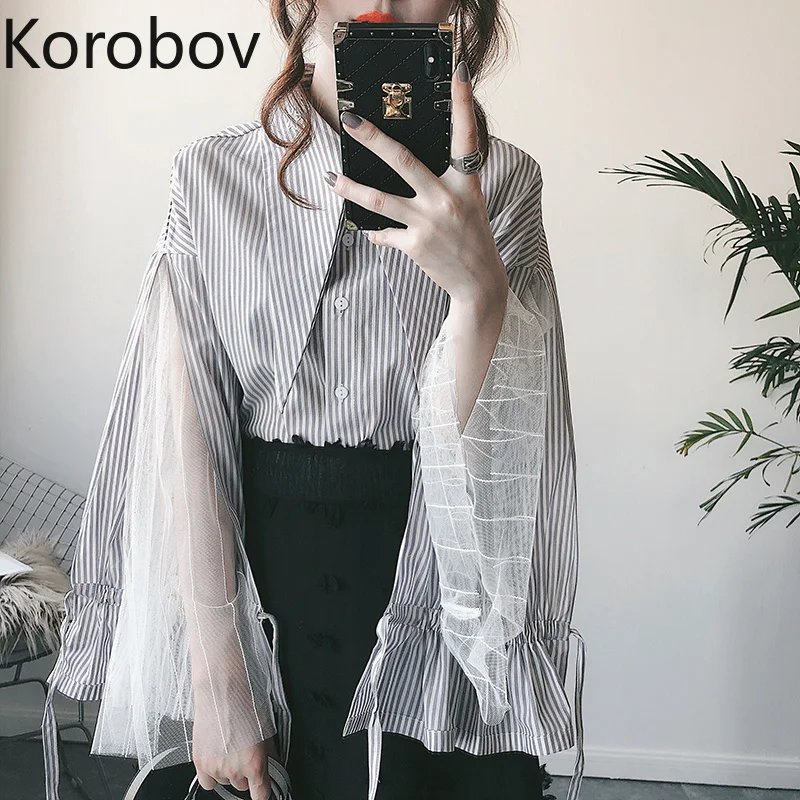 Korobov новые сетчатые лоскутные милые дизайнерские женские рубашки с отложным воротником Корейская Mujer Blusas с расклешенными рукавами Блузка 77610