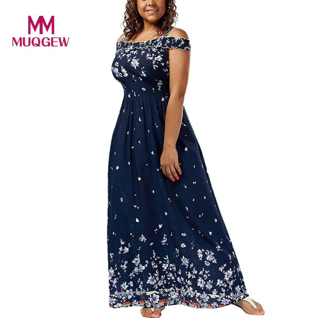 

Womens Fashion Bohemian Plus Size Bohemian Off The Shoulder summer beach dress Print Slash Neck High Waist Summer Dress 2019