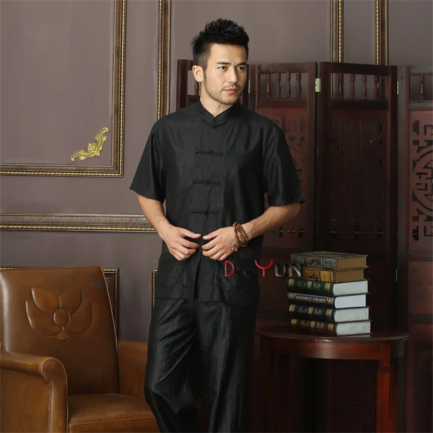 

Fashion Black Chinese Men's Kung Fu Solid Tops Shirt Short Sleeve Single Breasted Tradition Tang Suit Size M L XL XXL XXXL 4XL