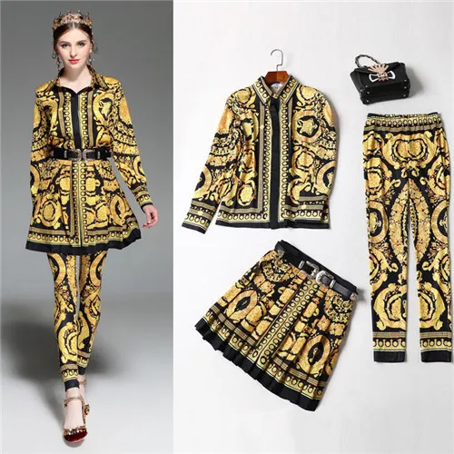 

brand style long sleeve blouses + skirt + legging pants 3 pieces sets 2018 spring vintage yellow pattern printed clothes sets xl
