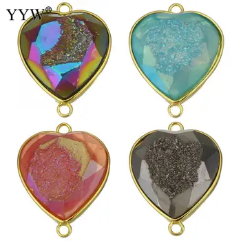 

1PC Gold Color Plated Brass Connector Beaded Findings DIY Faceted Heart Natural Ice Quartz Agata 1/1 Loop Stone Connectors