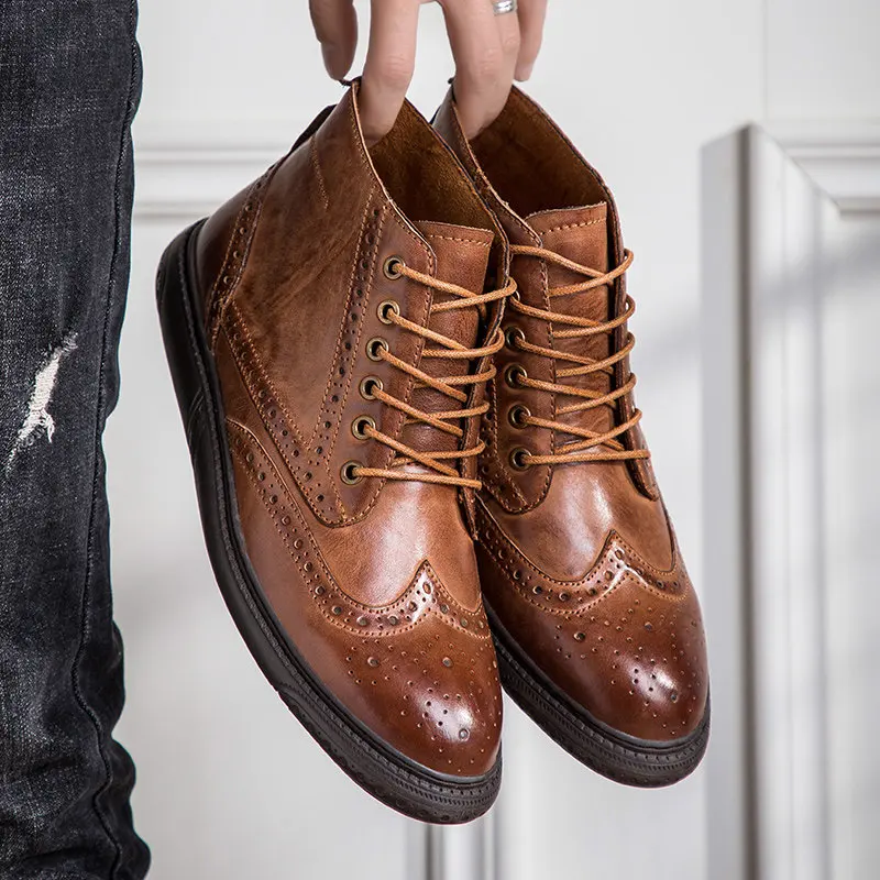 TOP Recommand !! NEW Design Retro Men's Carved Boots British Style Lace Up Business Man Leather Ankle Boots British Style