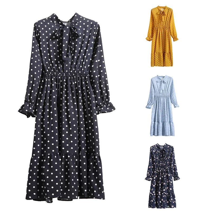 

Fashion Dress Women Autumn Chiffon Long Sleeve Print Dress Floral Dress Casual Dress New Dots Women Elegant Vestidos