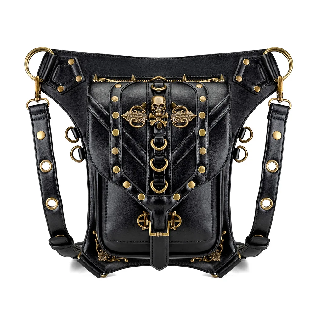 

Women Locomotive Bag Waist Pack Black Skull Metal Rivets Multifunctional New Outdoor Shoulder Slant Pu European And American Sac