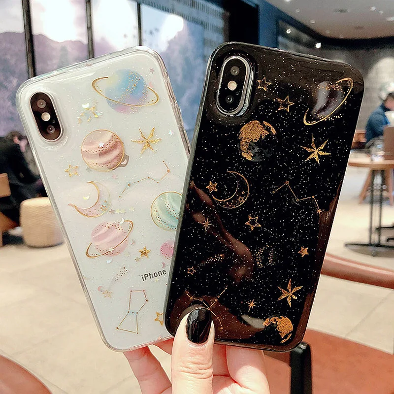 

GYKZ Space Planet Glitter Cases For iphone 7 7 Plus Soft Silicone Phone Bag For iPhone X 6 6s 8 Plus Bling Gold Back Cover