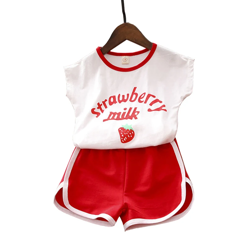 

Summer Girls Sport Suits Cotton Letter Printed Kids Clothes for Girls O-neck Strawberry Tops Shorts Children Tracksuits Clothing