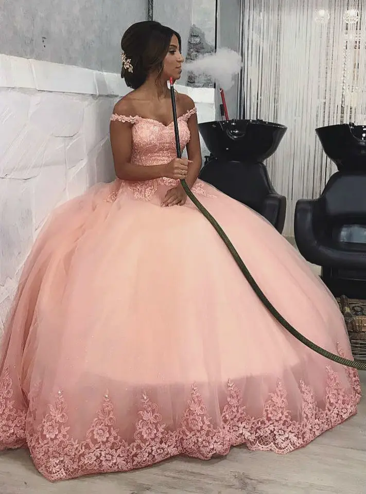 pink off the shoulder quinceanera dresses