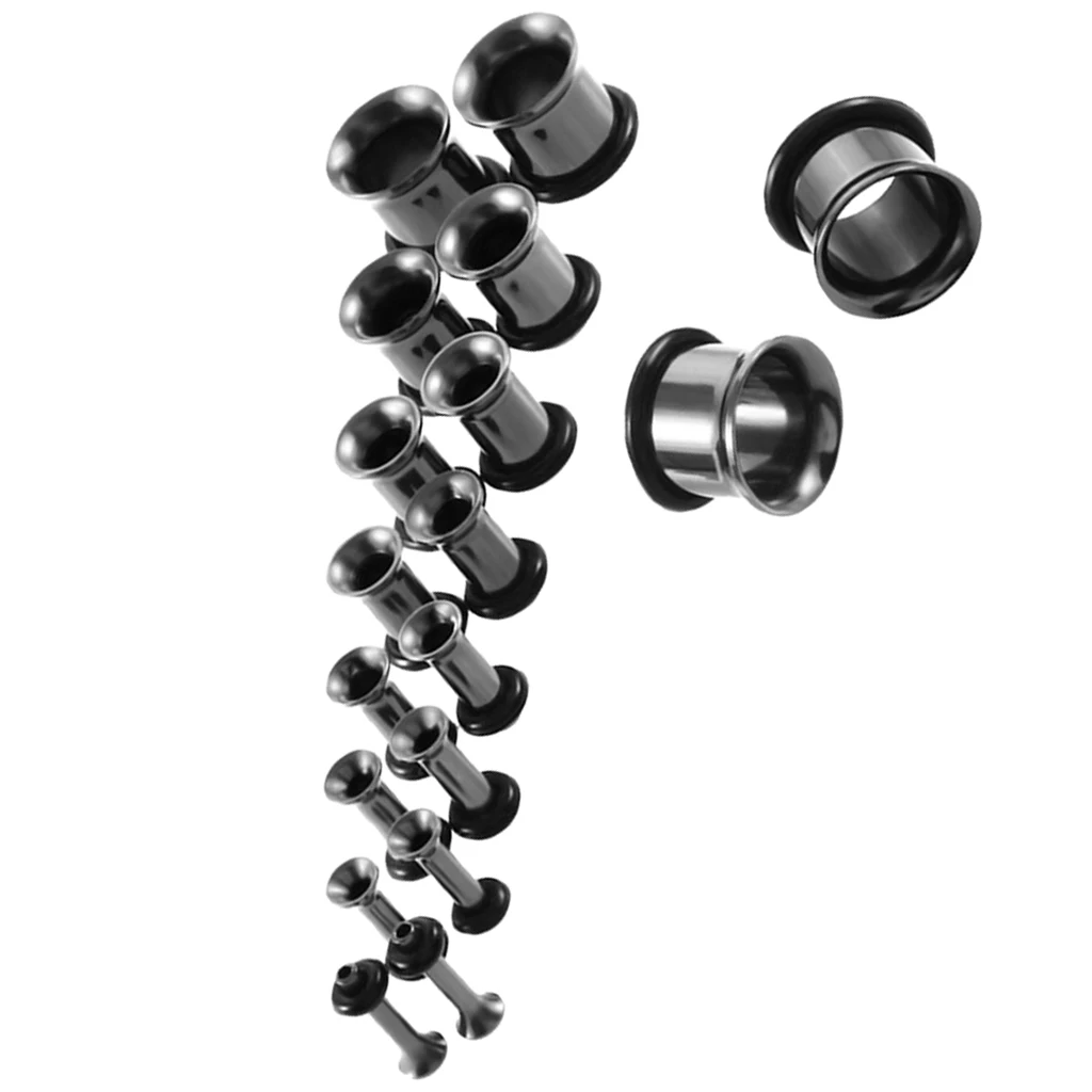 MagiDeal 18pcs/Pack 14G-00G Kit Assorted Stainless Steel Ear Plug Stretching Kit Single Flared with Rubber O-ring