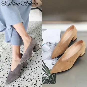 

EshtonShero Shoes Woman Pumps Sheepskin+PU Platform Square Med Heel Solid Western Style OL Ladies Wedding Shoes Size 3-8