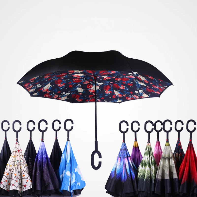 2017 new arrival creative C Hook handle reverse folding double layer windproof rainy sunny umbrella font