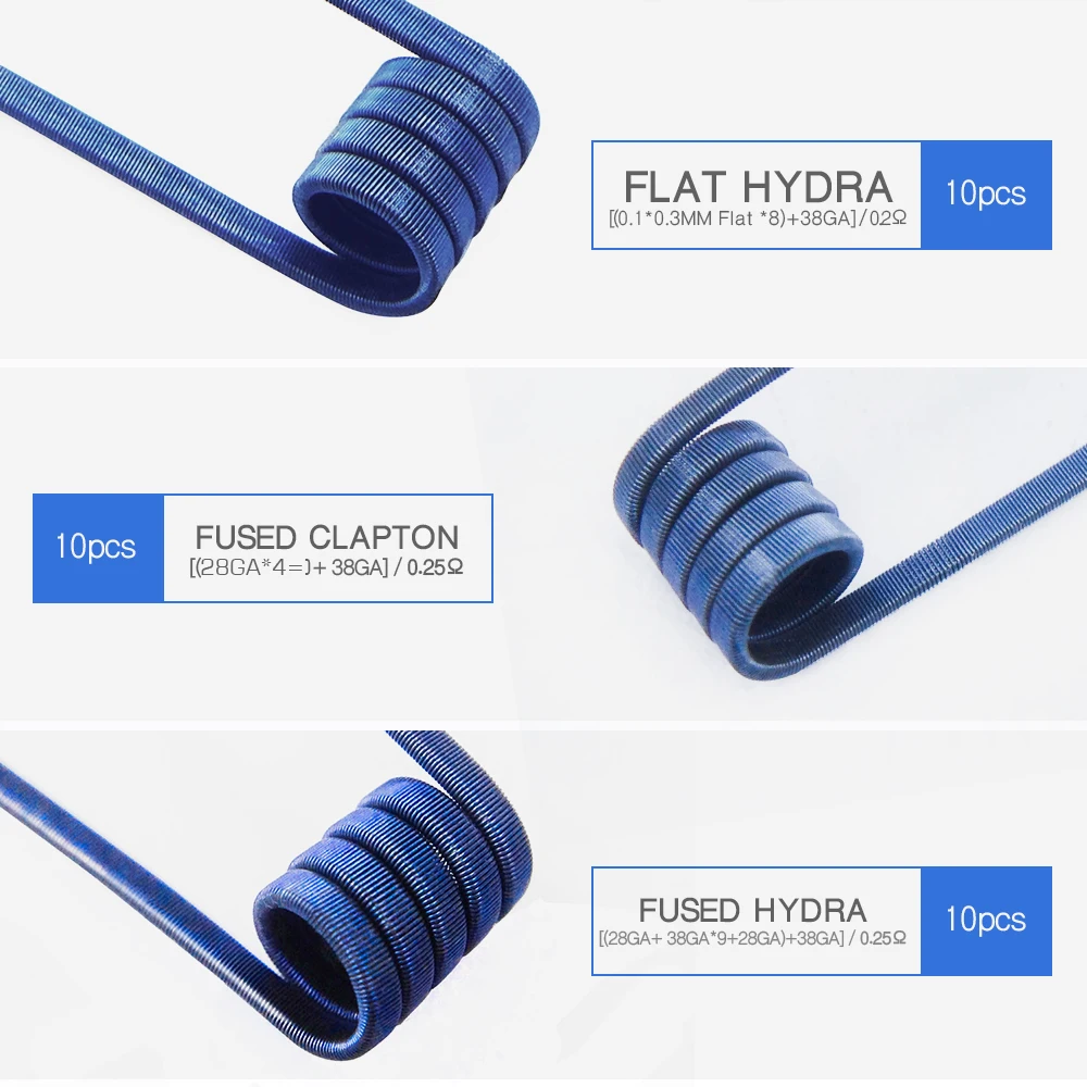 Vapethink Blue Prebuilt Ni80 Coil Nichrome Fused Clapton Jakiro Flat Hydra Twist электронная сигарета Premade Rda для