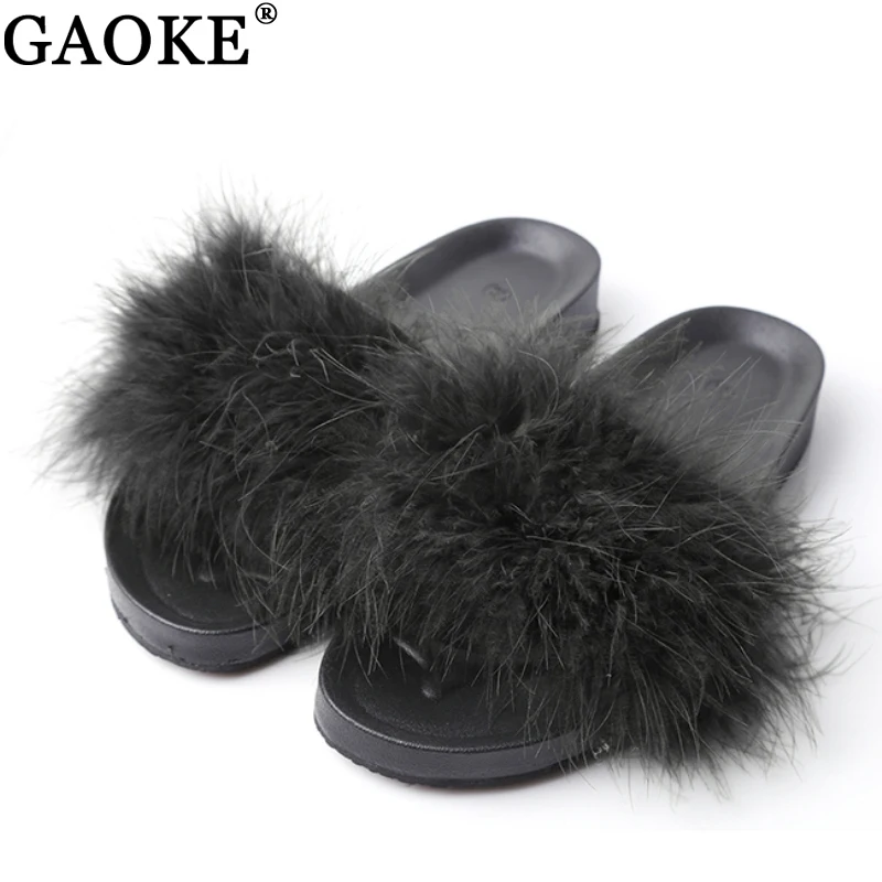 online Furry Slides Cabelo Pena Doce Sapatos de Plataforma de Fundo Grosso Sandálias de Praia Feminino Flip Flops Mulheres Chinelos Em Casa Chinelos Interior Macio