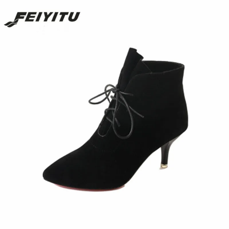 

FeiYiTu Ladies Lace-up Sexy Winter Ankle Boots Women High Heels Short Plush Pointed Toe Fashion Motorcycle Boots Black Brown