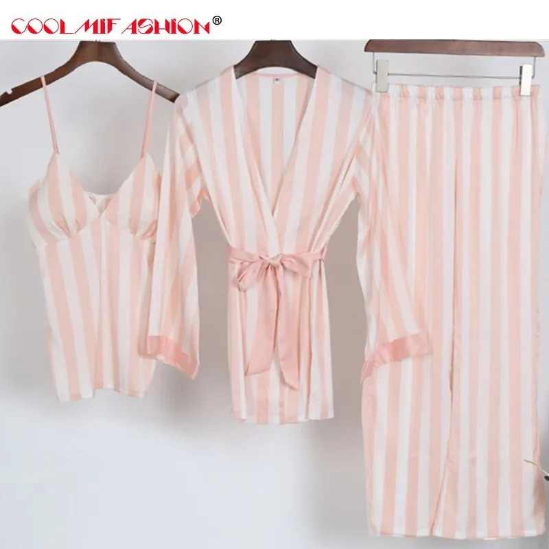 

Satin Pajamas for Women 3pcs Striped Sleepwear At All Seasons Female Silky Pajamas Set Robe+Spaghetti Strap+Pants sexy Pijama