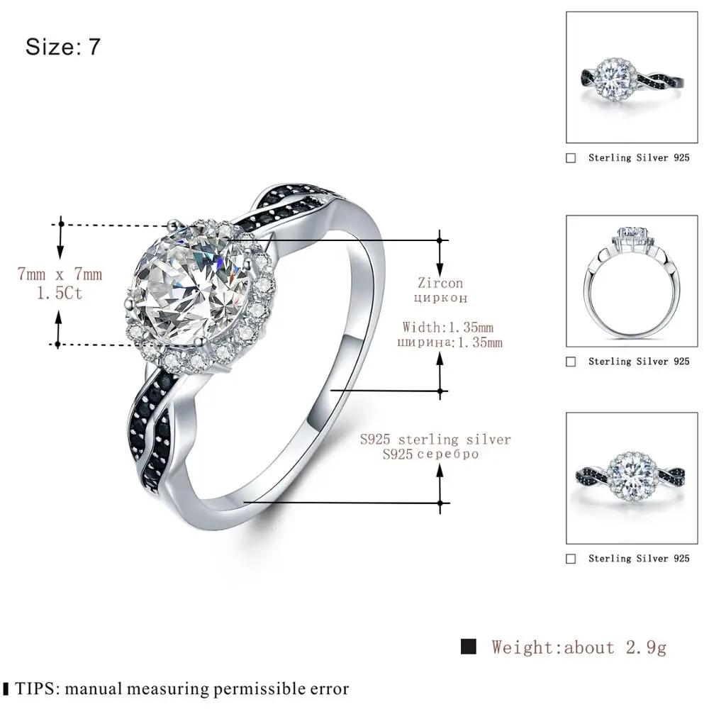 [BLACK AWN] Fine Jewelry 2.3Ct натуральная 3g 925 пробы СЕРЕБРЯНЫЙ РЯД черная шпинель обручальные кольца с камнями для женщин Bague C036