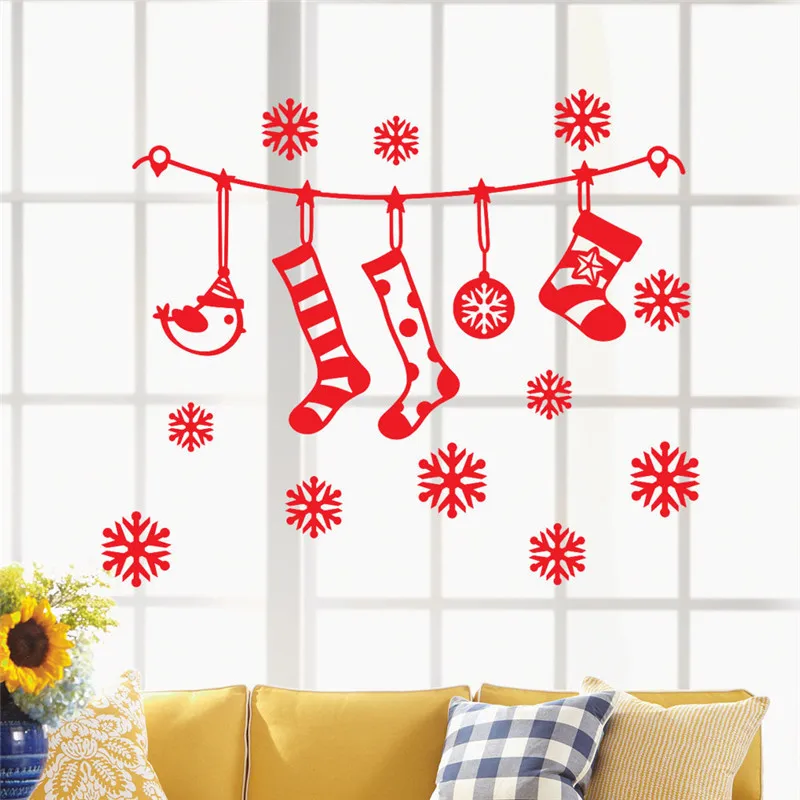 

2018 New Year Windom Glass Sticker Christmas Sock X-mas Showcase Mall Navidad DIY Wall Decals Stickers Decorations For Home