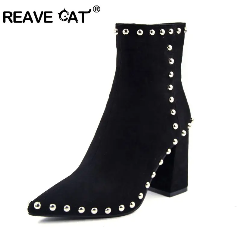 

REAVE CAT Plus Size34-43 Block Heel Women Boots zipper Autumn Ankle Boots for Women Pointed toe Shoes Women botas Feminina J402a