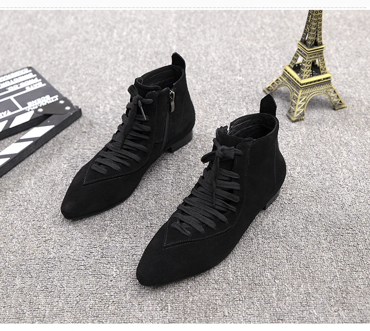 Women Lace Up Pointy Toe Shoes Suede Ankle Boots British Side Zip Low Heel Riding Motorcycle Casual Black A1290