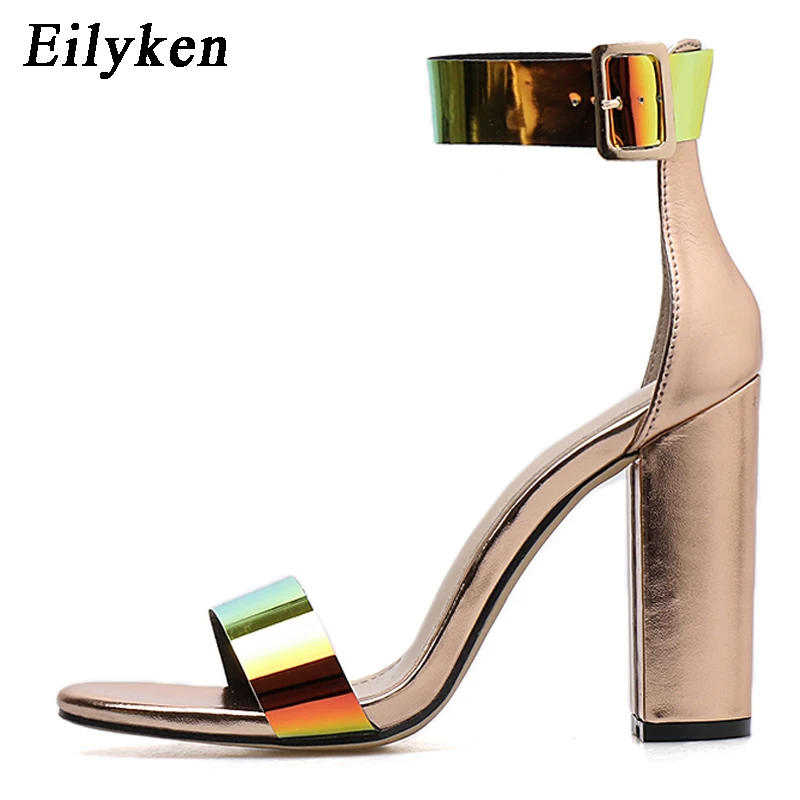 Eilyken модные Лакированная кожа Для женщин босоножки с ремешком на застежке на лето обувь на высоком каблуке с открытым носком женская обувь на не сужающемся книзу массивном каблуке 10,5 см женская обувь