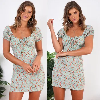 

Women Summer Boho Floral vestido Casual short sleeve off shoulder mini dress Party Beach Dress Sundress 3 Colors
