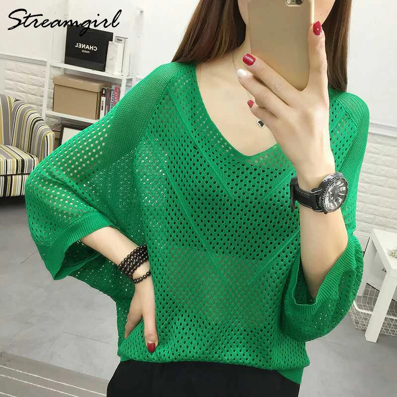 

Streamgirl Transparent Knitted Blouse Women Summer Bat Sleeve Hollow Out Blouse Ladies Tops Womens Tops With Sleeves Large Size